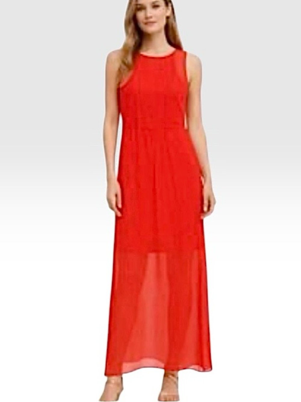 Gianni Bini Red Coral Sleeveless Sheer Overlay Flowy Chic Long Maxi Dress Size M